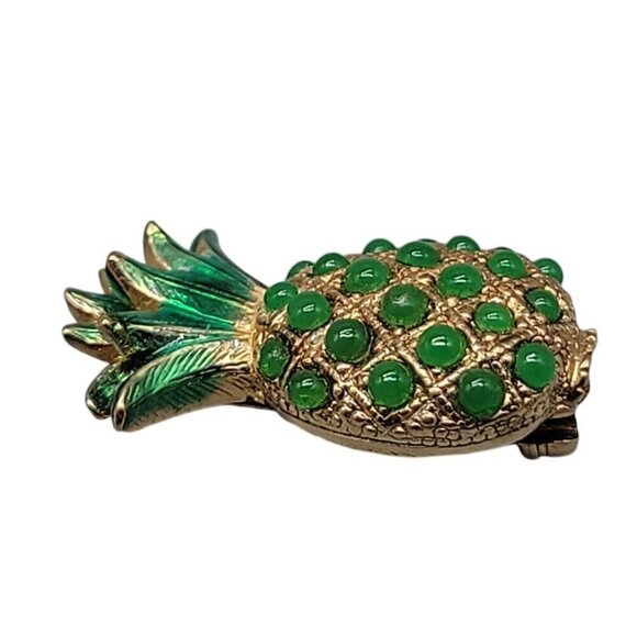 Ciner Rare Pineapple Brooch Green Cabachons 18k Gold Plated Book Piece Vintage - Picture 6 of 10